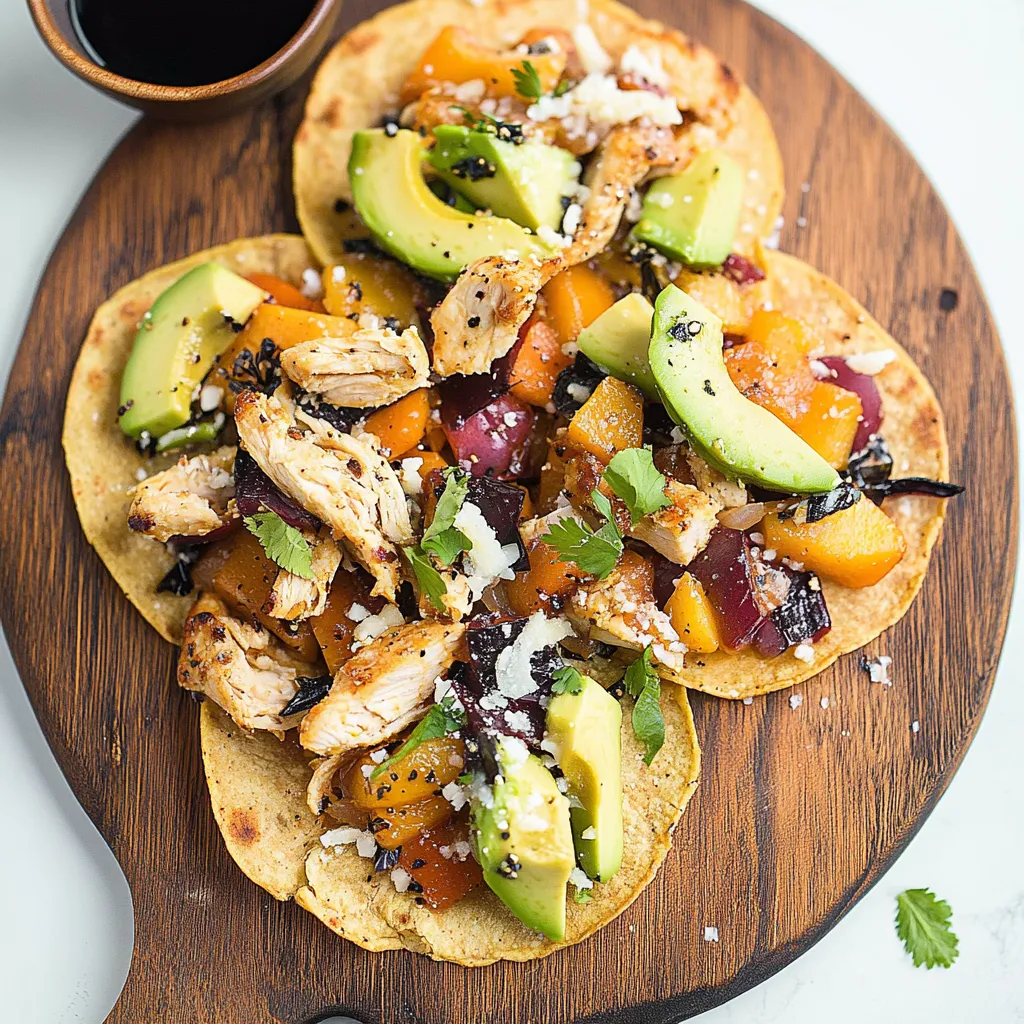 Two tacos with chicken, avocado, and salsa.
