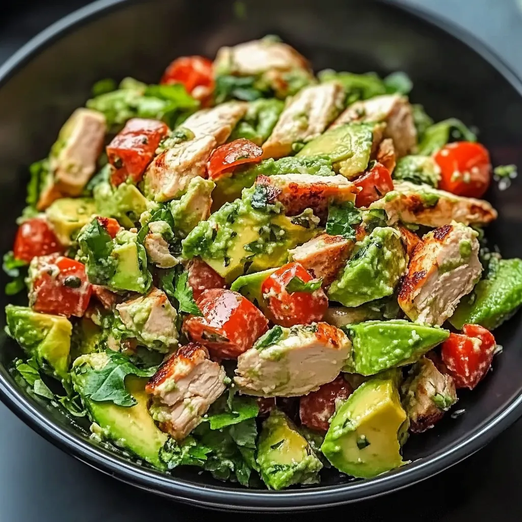 A bowl of chicken salad with tomatoes and avocado.