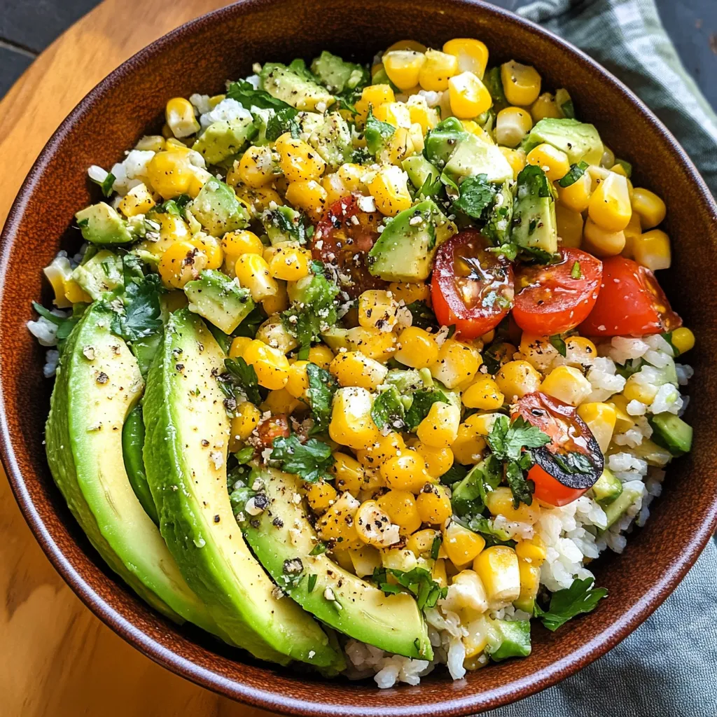A bowl of food with rice, corn, tomatoes, and avocado.