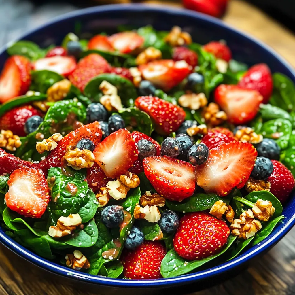A blue bowl filled with a salad of strawberries, blueberries, and walnuts.