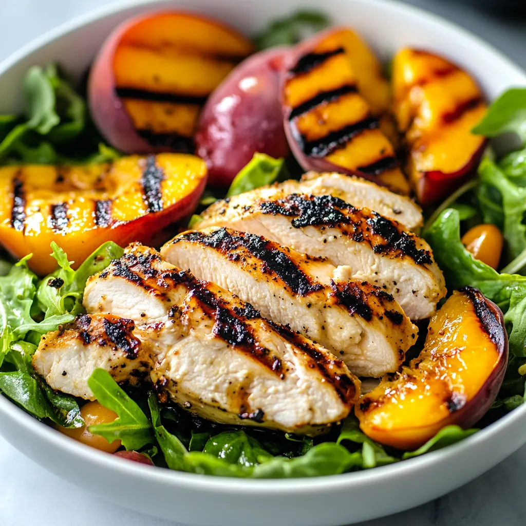 A bowl of food with chicken, peaches, and greens.