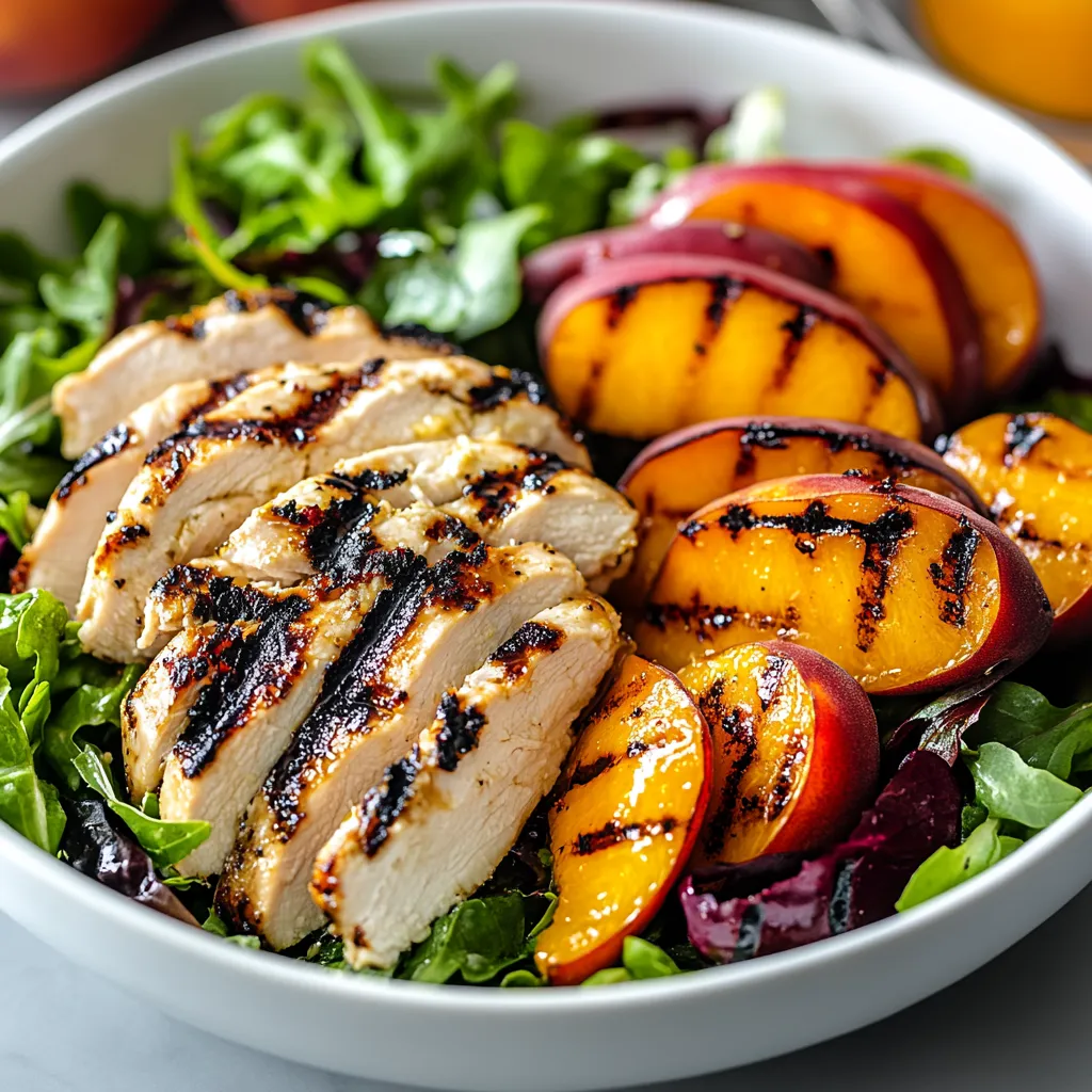 A bowl of food with chicken, peaches, and lettuce.