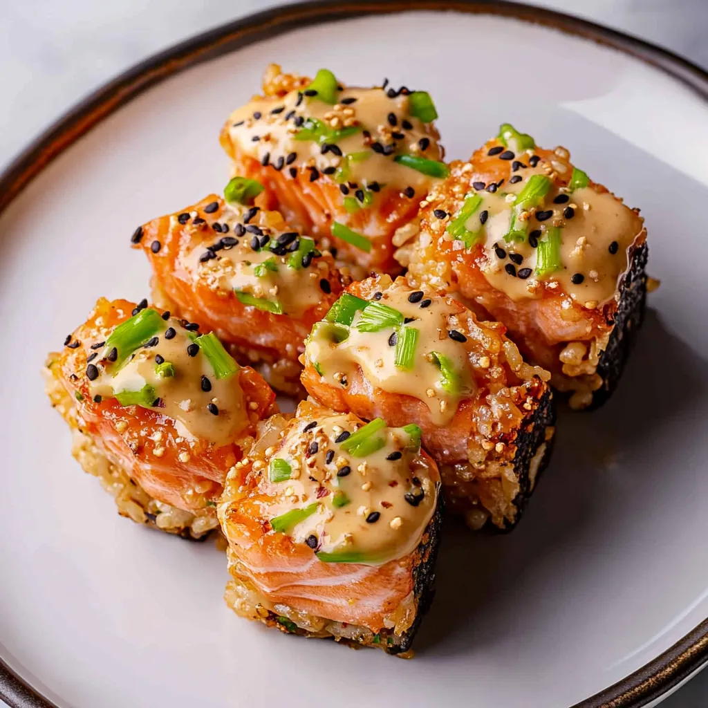 A plate of sushi with sesame seeds on top.