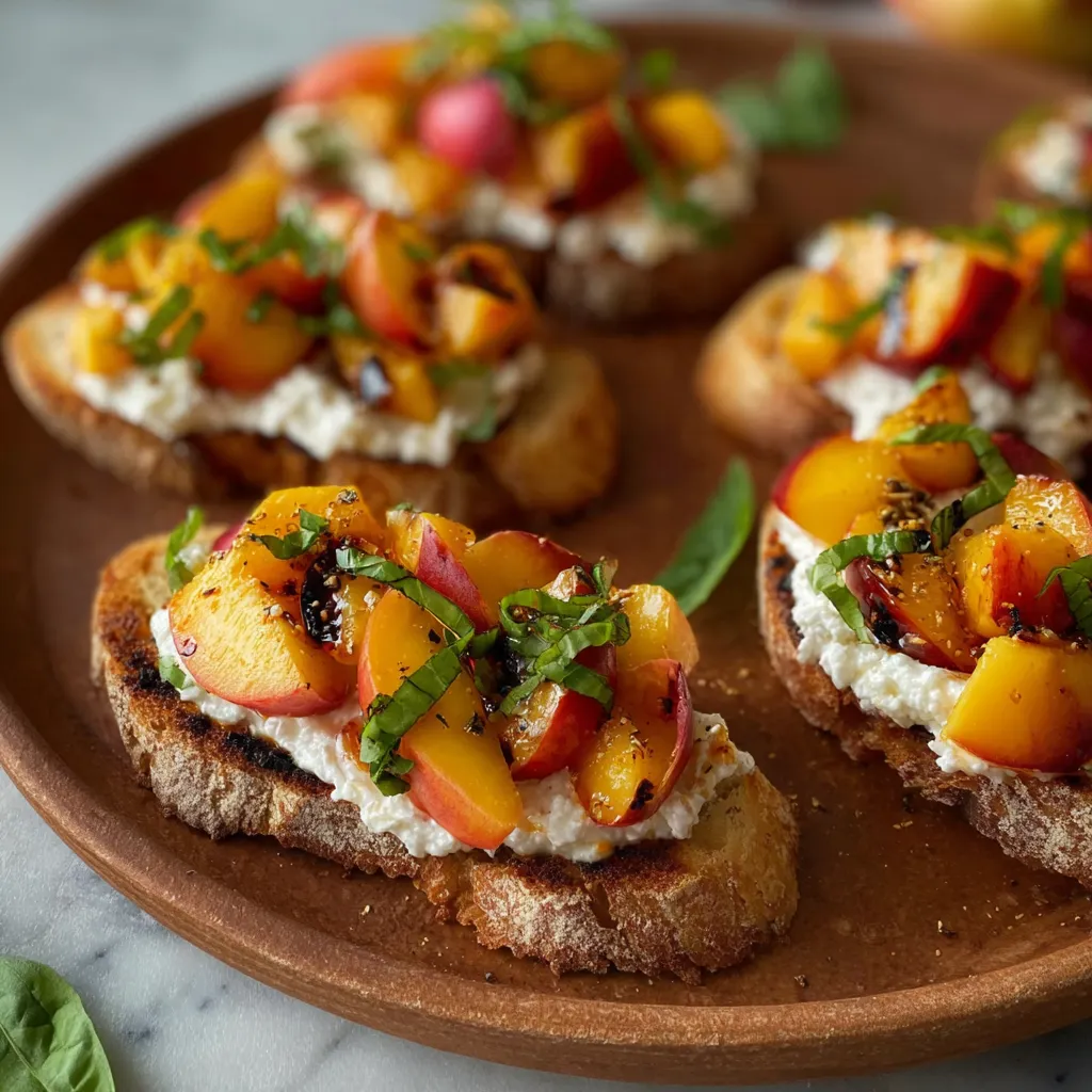A plate of toasted bread with peaches and cheese.