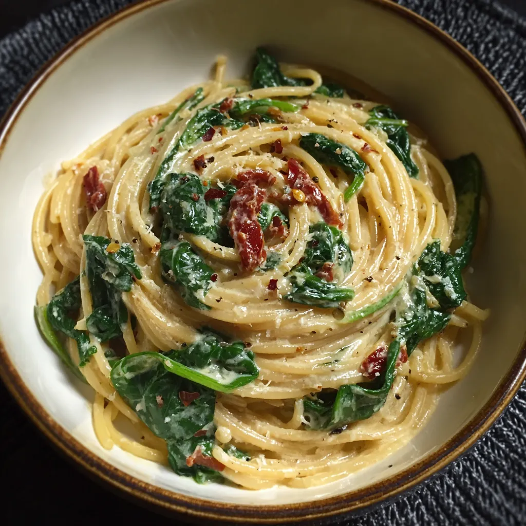 A bowl of pasta with spinach and tomatoes.