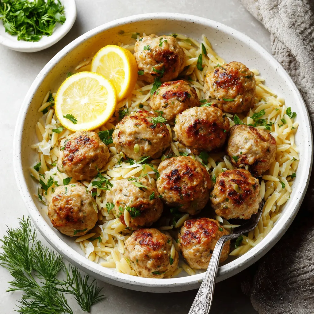 A bowl of pasta with meatballs and lemon wedges.