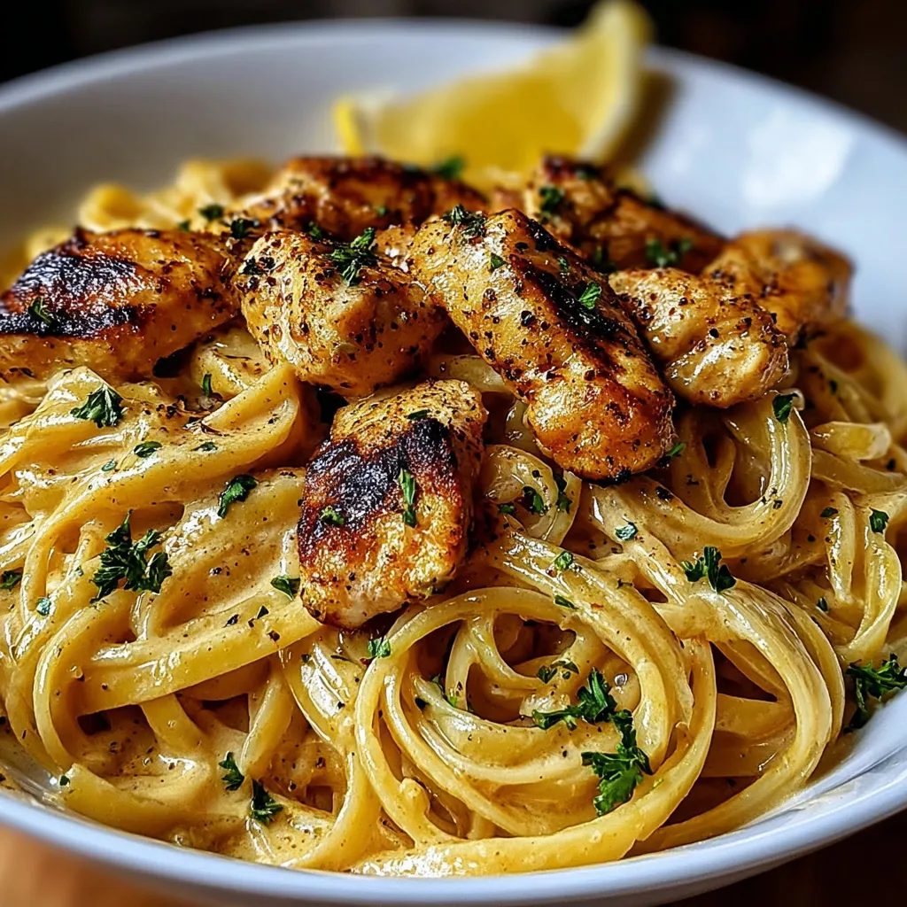 A bowl of pasta with chicken and lemon.