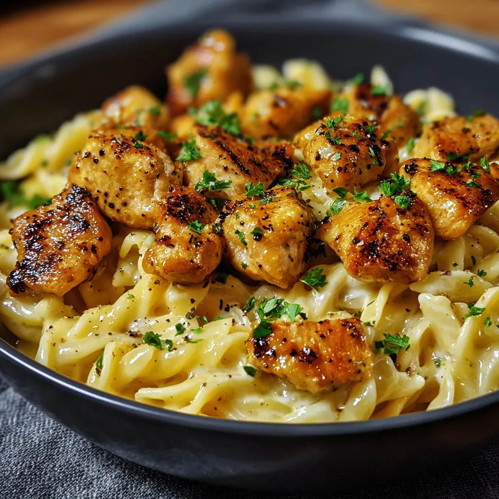 A bowl of pasta with chicken and herbs.