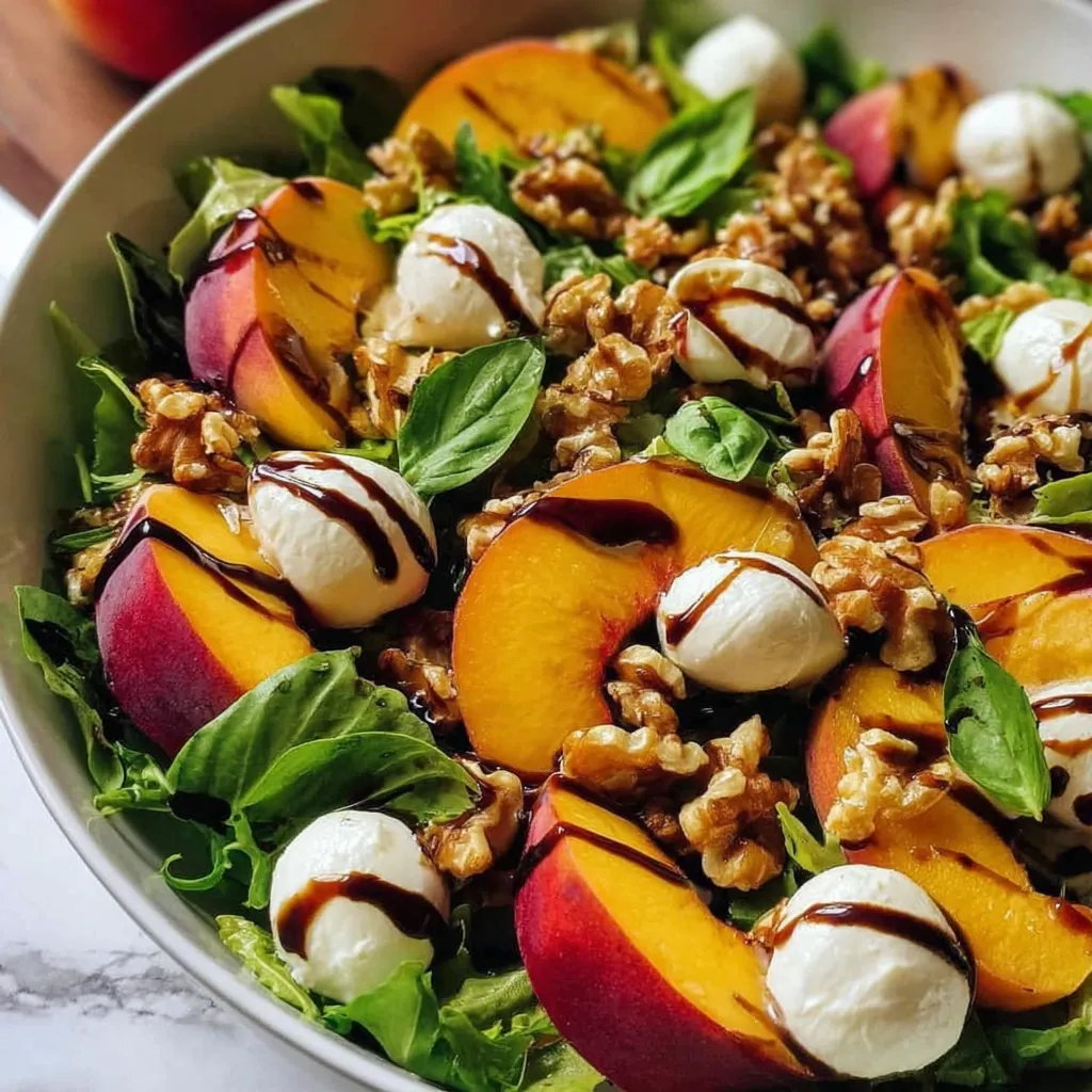 A bowl of salad with peaches, walnuts, and cheese.