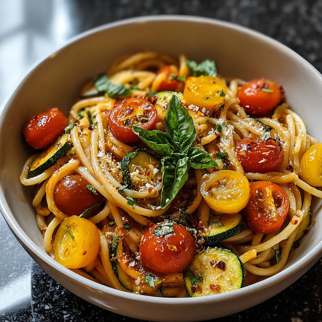 A bowl of pasta with tomatoes, zucchini, and basil.