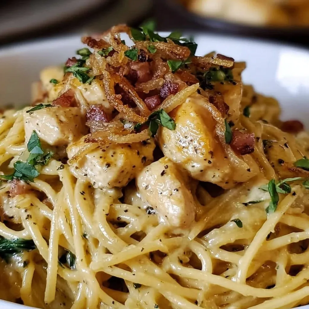 A bowl of pasta with chicken and bacon.