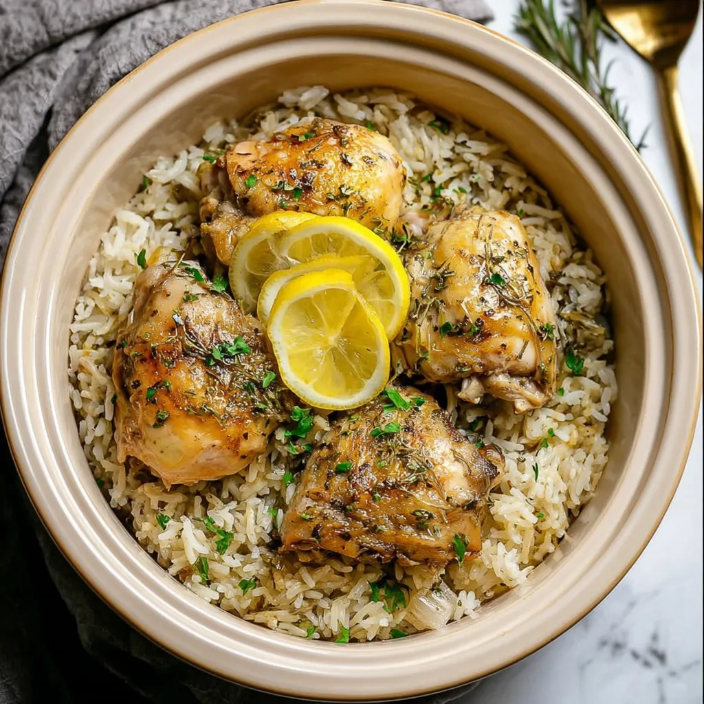A bowl of rice with chicken and lemon wedges.