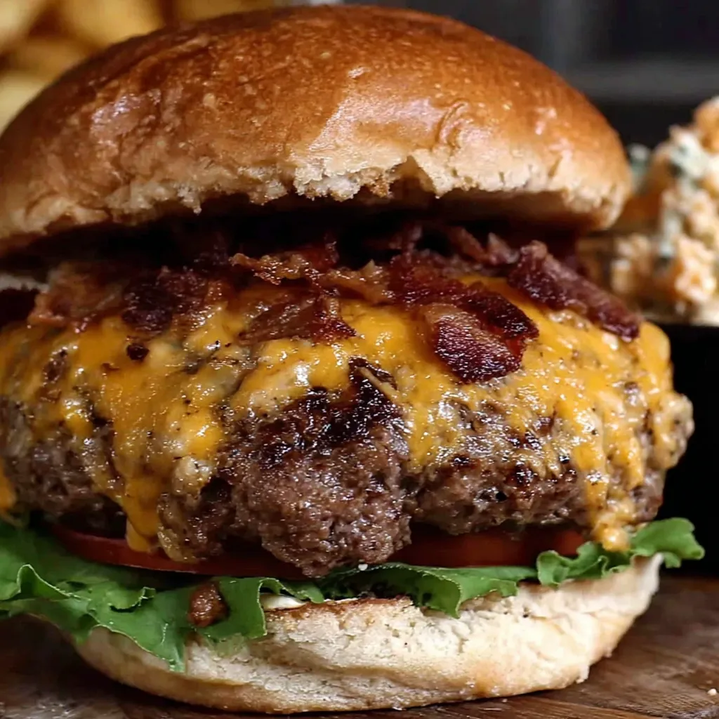 A burger with bacon and cheese.