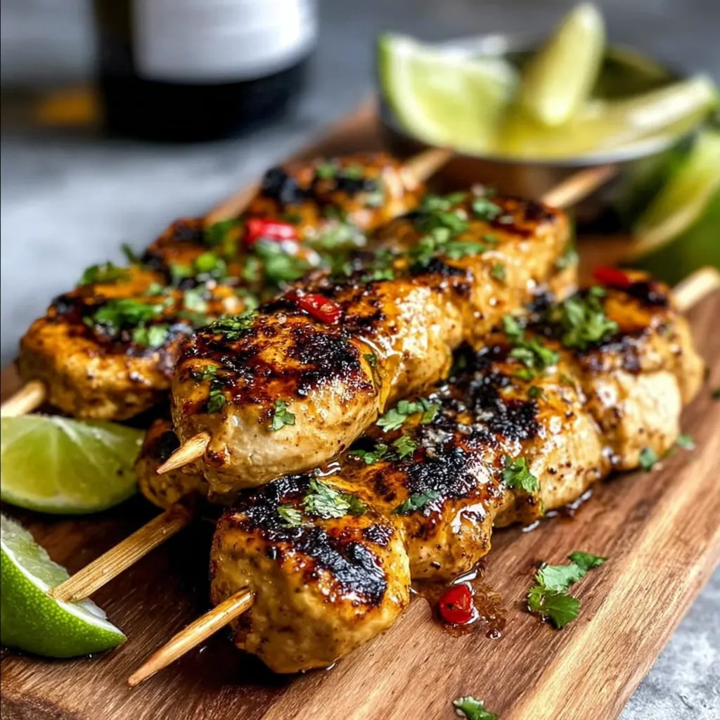 A wooden platter with skewers of meat and lime wedges.