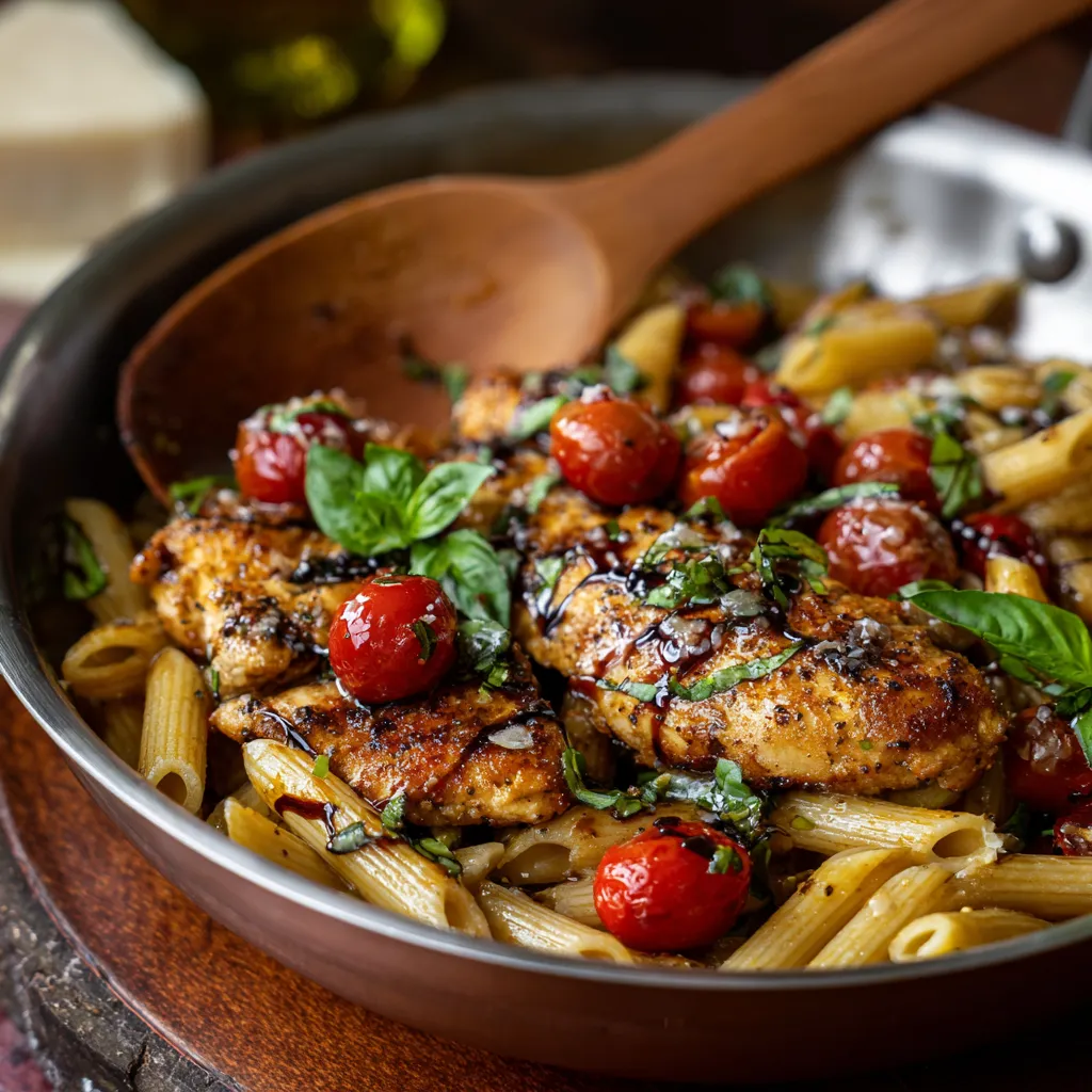 A pan of food with chicken and tomatoes.