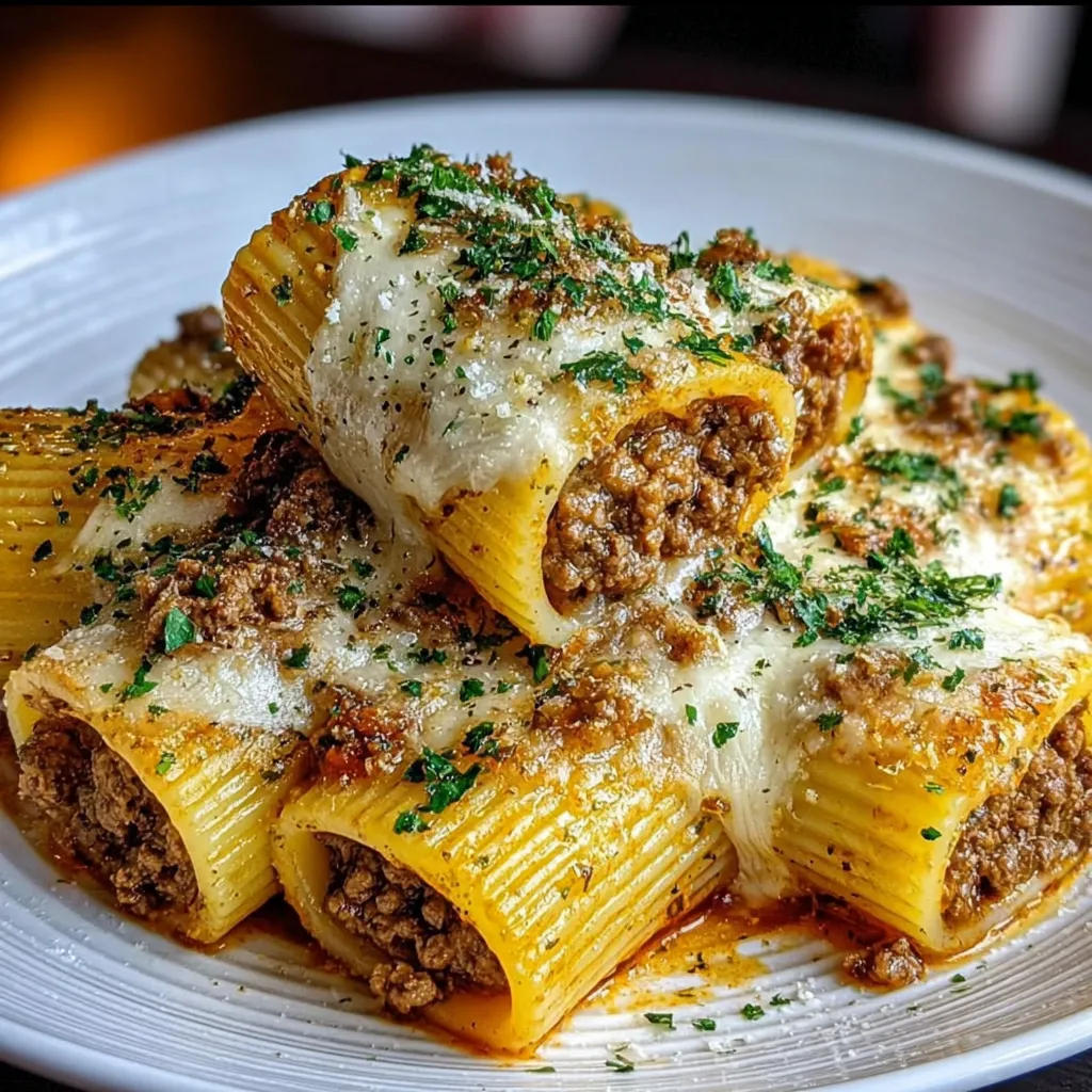 A plate of pasta with meat and cheese.