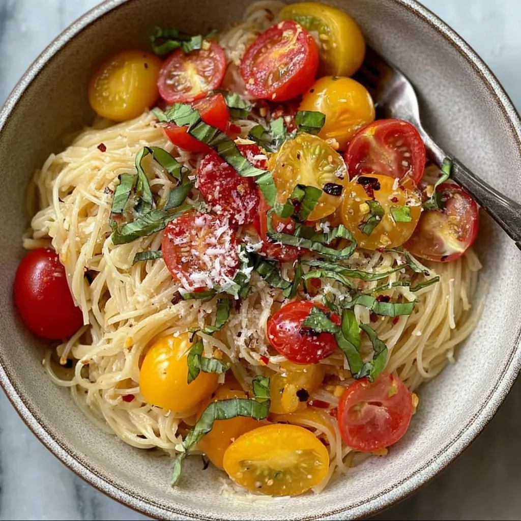 A bowl of pasta with tomatoes and basil.