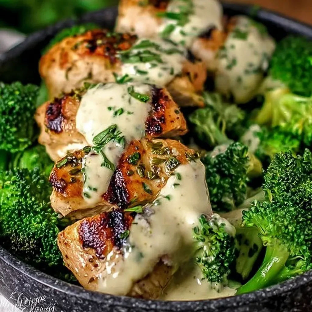 A bowl of chicken and broccoli.