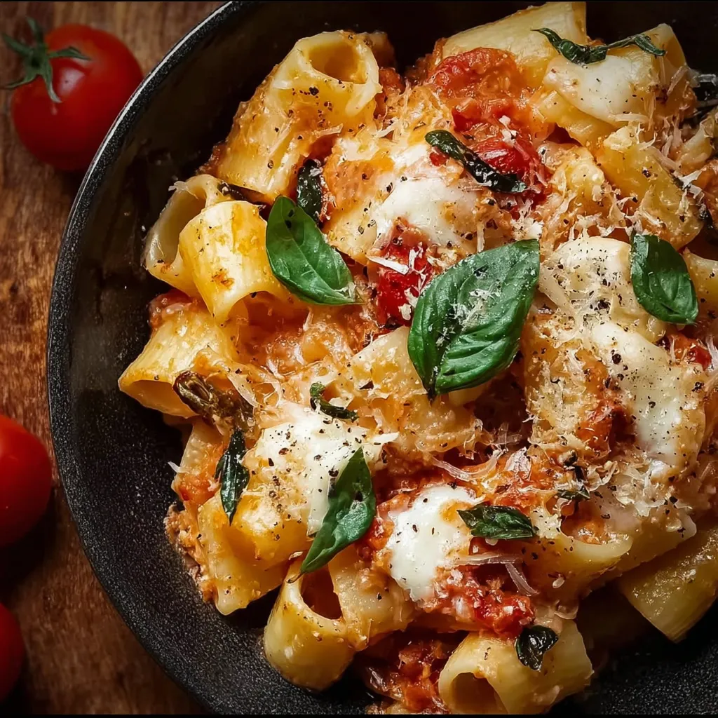 A bowl of pasta with tomatoes and cheese.