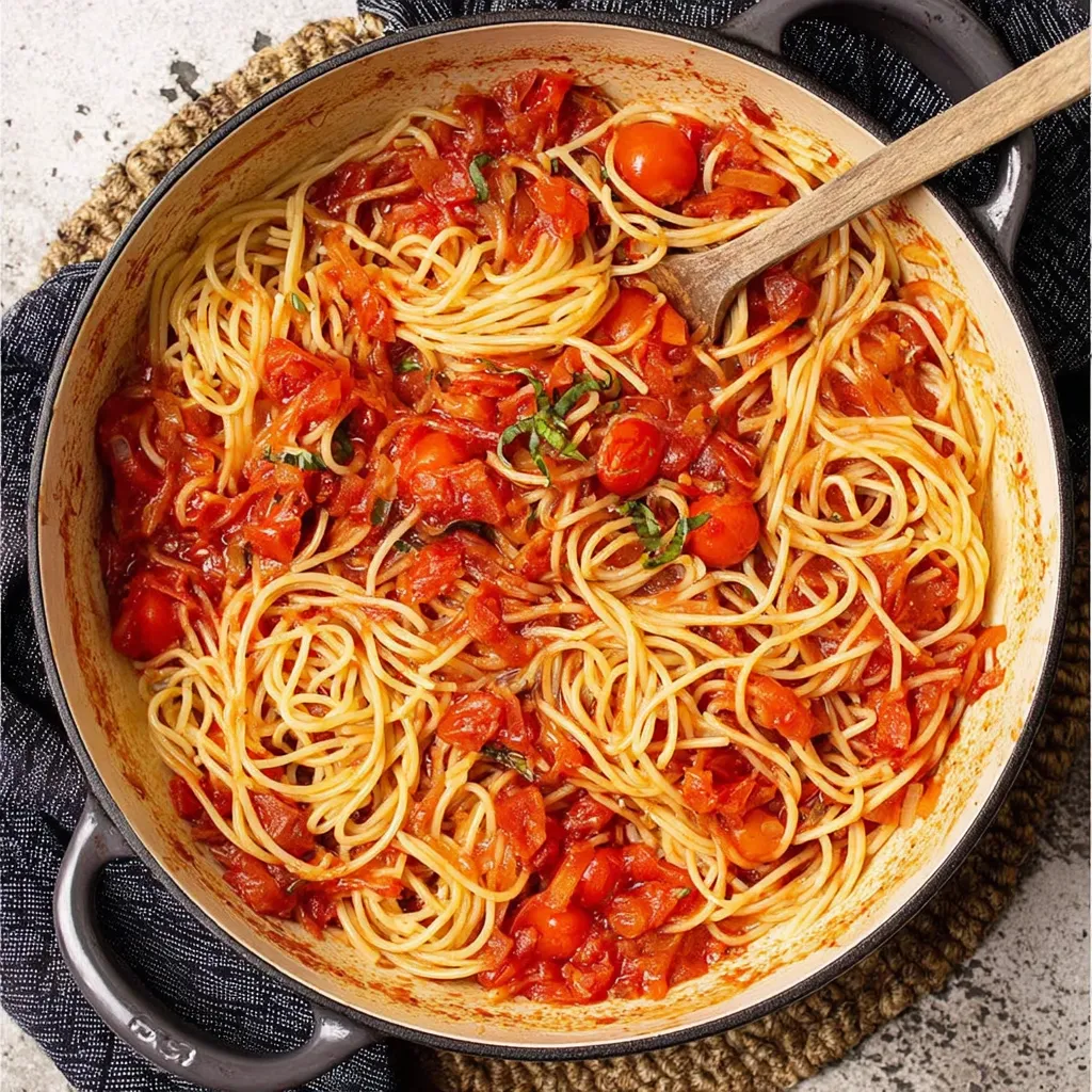 A bowl of spaghetti with tomatoes and basil.