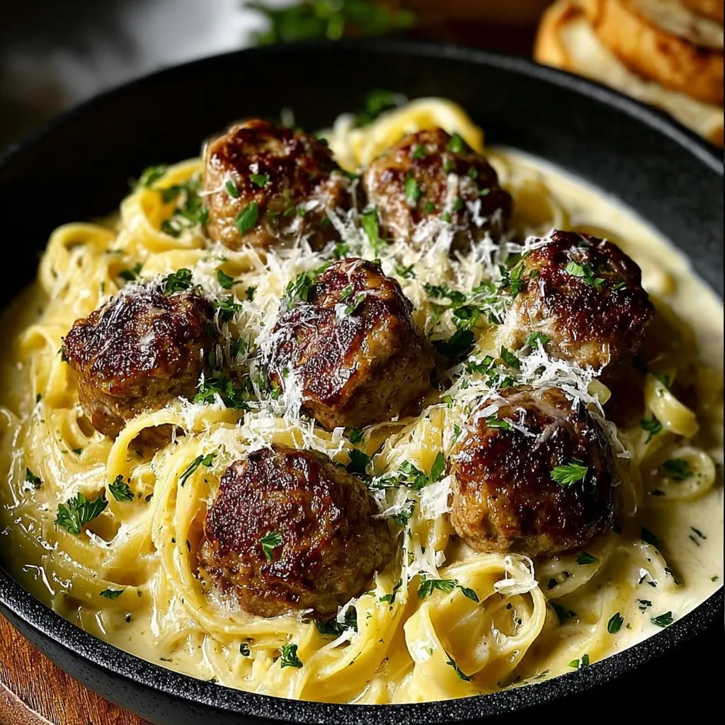 A bowl of pasta with meatballs and cheese.