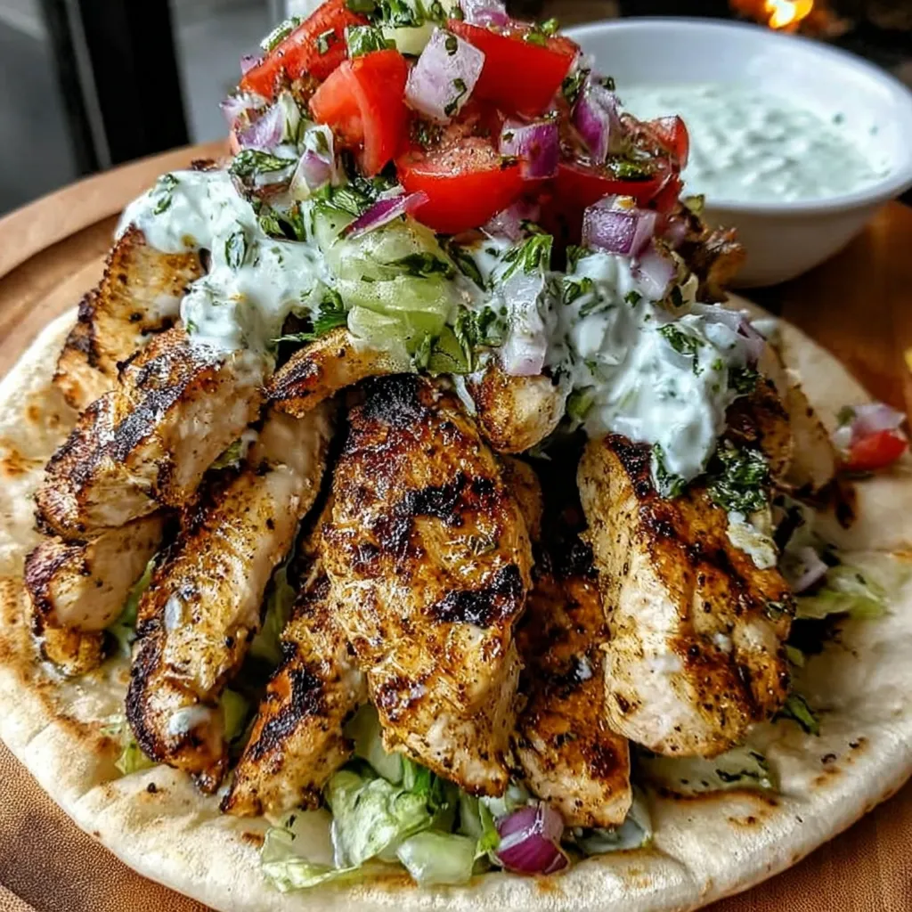 A plate of food with chicken, tomatoes, lettuce, and onions.