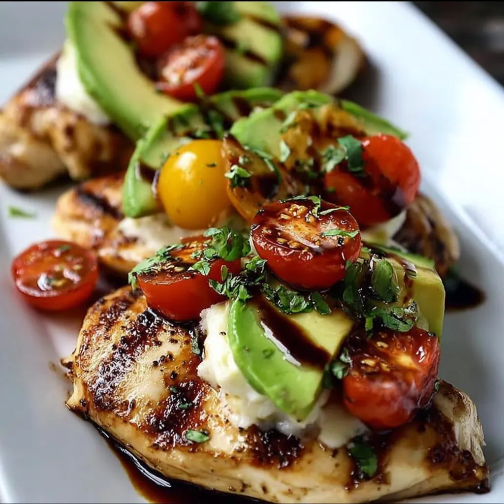 A plate of food with chicken, tomatoes, and avocado.