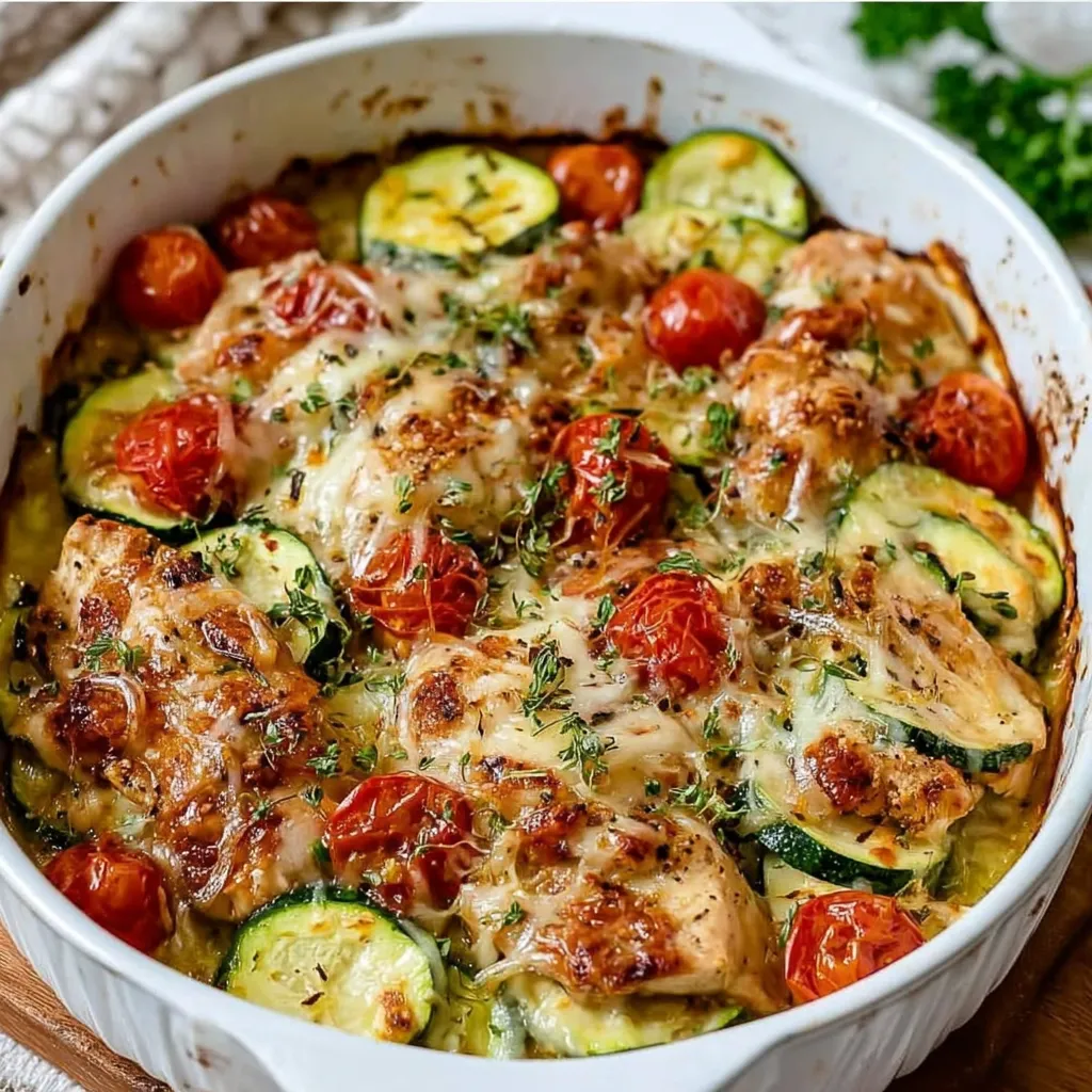 A white bowl filled with chicken, tomatoes, and zucchini.