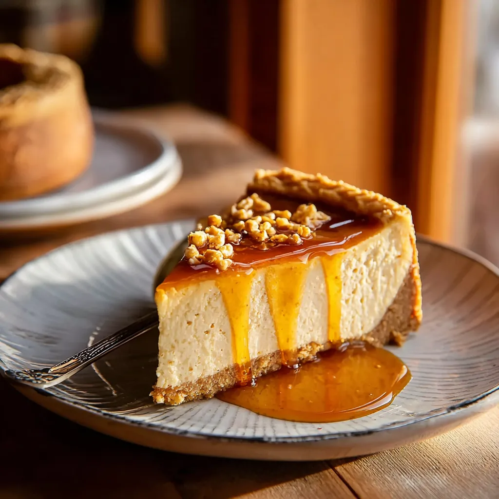A slice of cheesecake with caramel sauce on a plate.