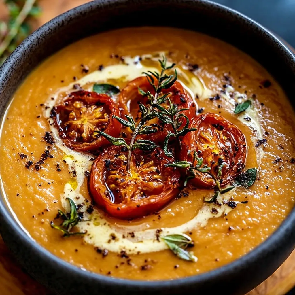 A bowl of soup with tomatoes and herbs.