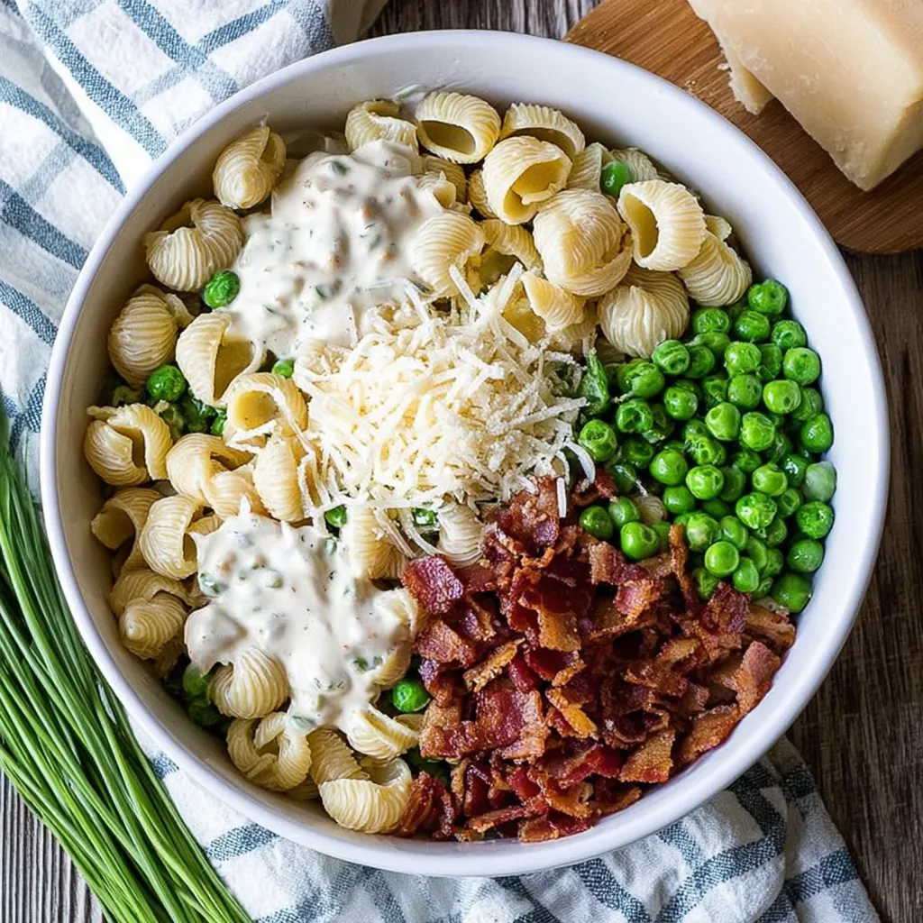 A bowl of pasta with cheese and bacon.