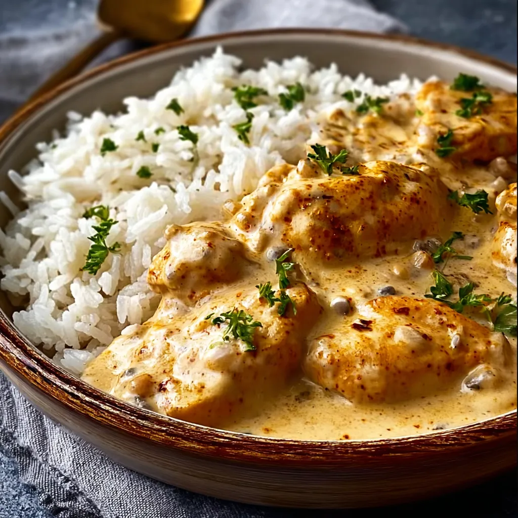 A bowl of rice and chicken.