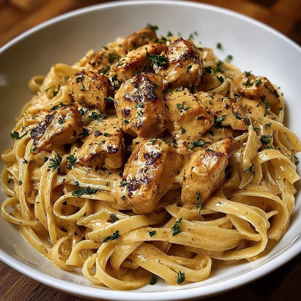 A bowl of pasta with chicken and herbs.