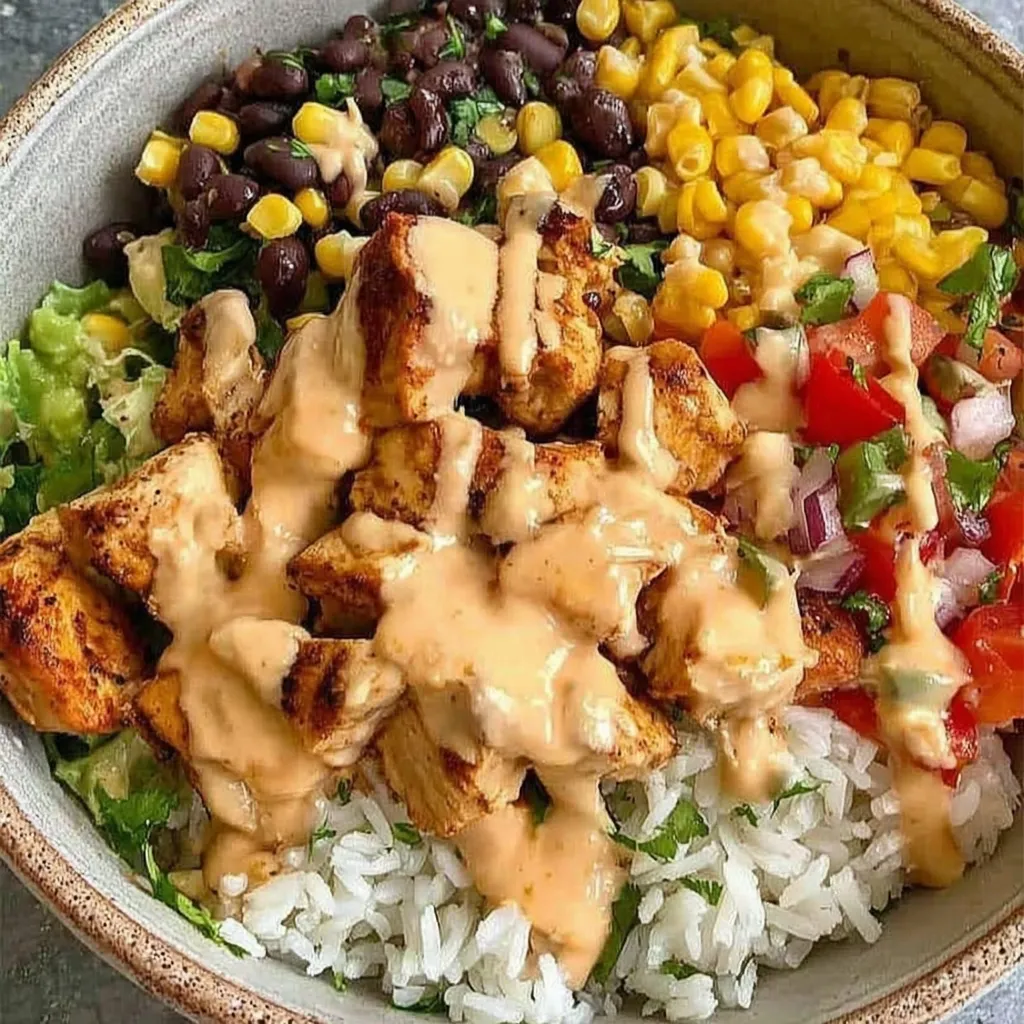 A bowl of rice and vegetables with a sauce.
