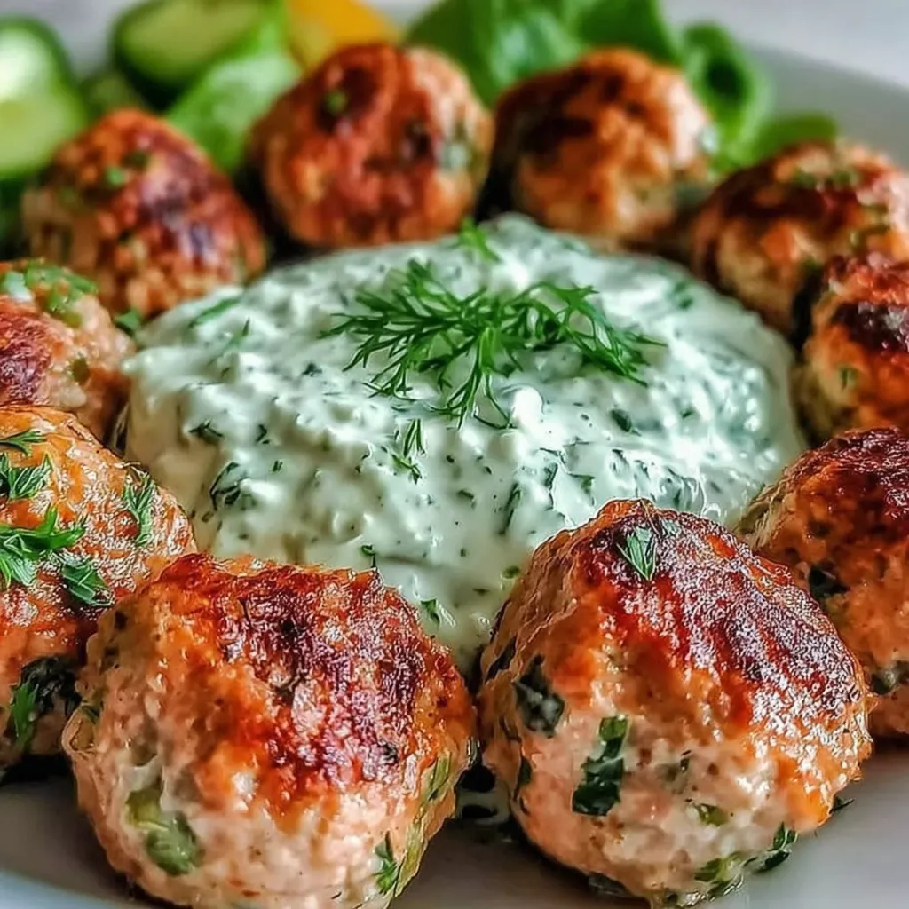 A plate of meatballs with a white sauce.