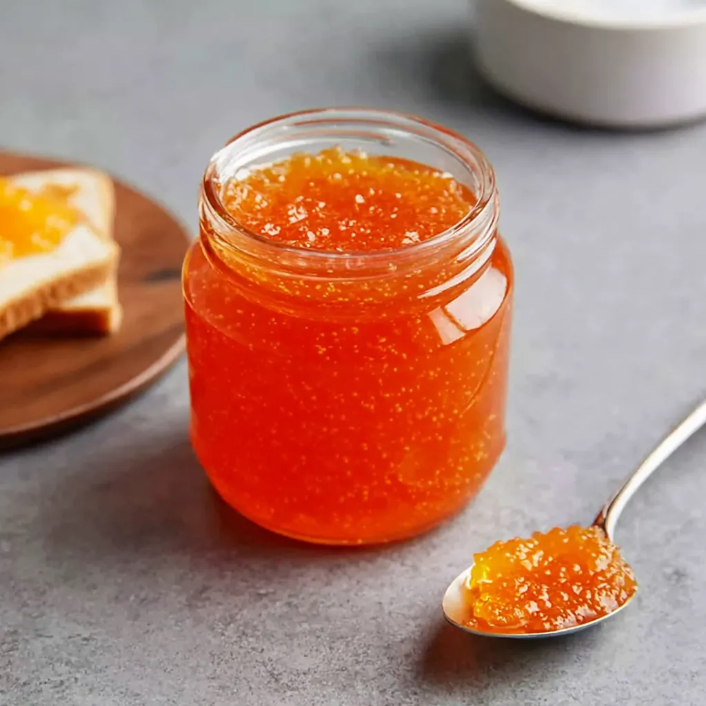 A jar of jam with a spoon in it.