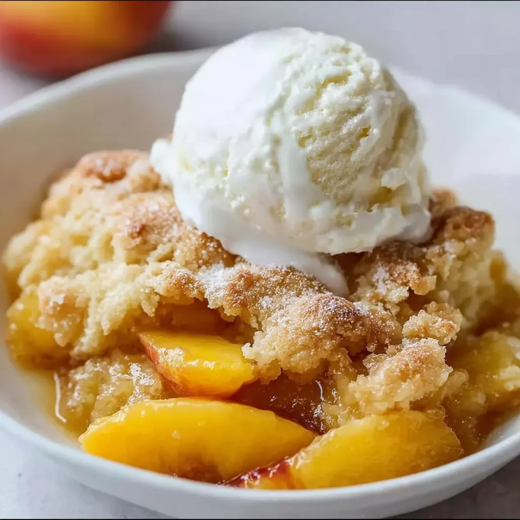 A bowl of peaches with a scoop of ice cream on top.