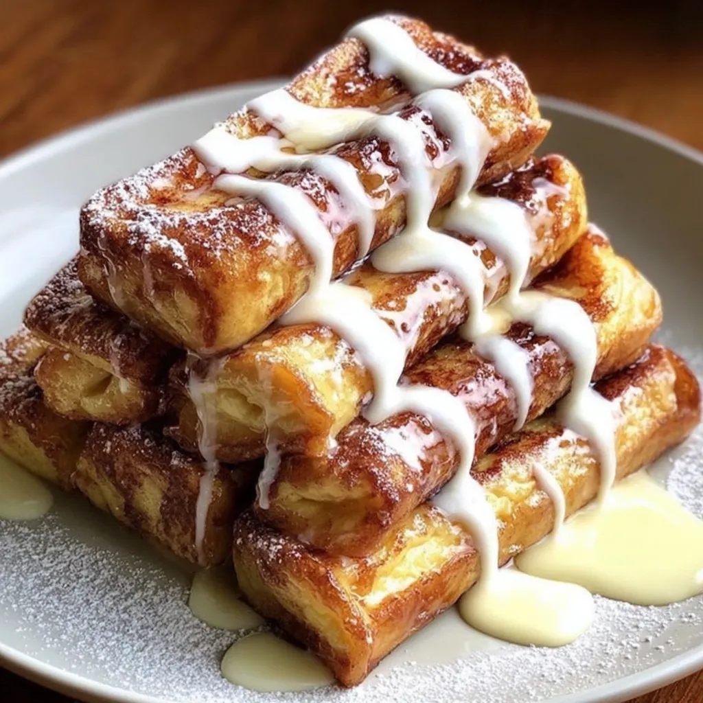 A stack of French toast with powdered sugar and drizzled with caramel.