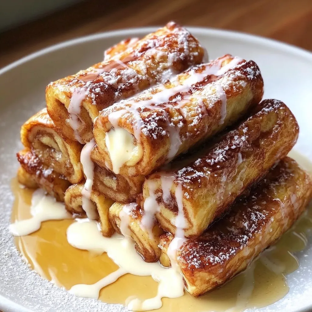A stack of pastries with icing drizzled on top.