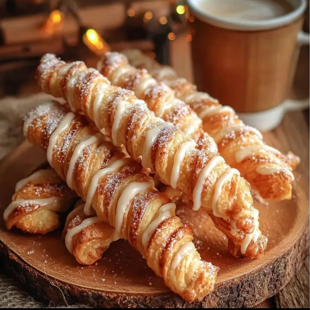 Three pastries on a wooden platter.