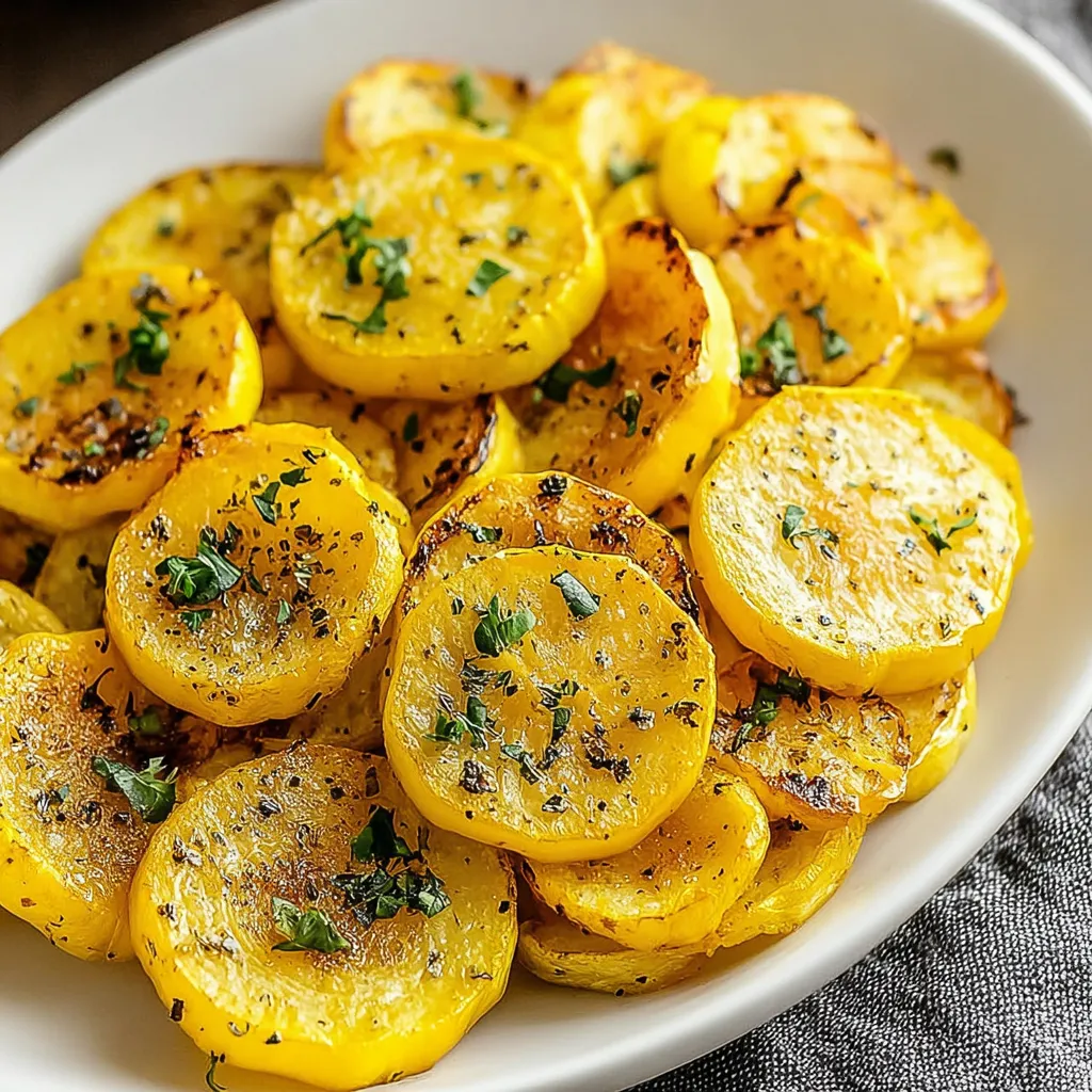 A bowl of sliced yellow squash with herbs.