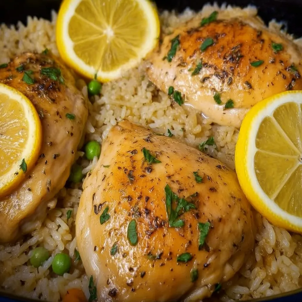 A bowl of rice with chicken and lemon slices.