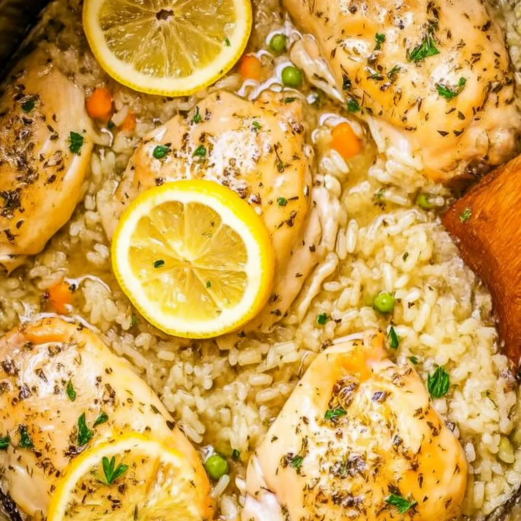A bowl of rice with chicken and lemon slices.