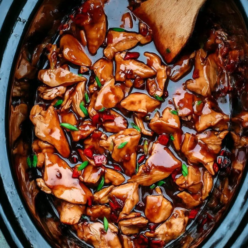 A bowl of chicken with red peppers and green onions.