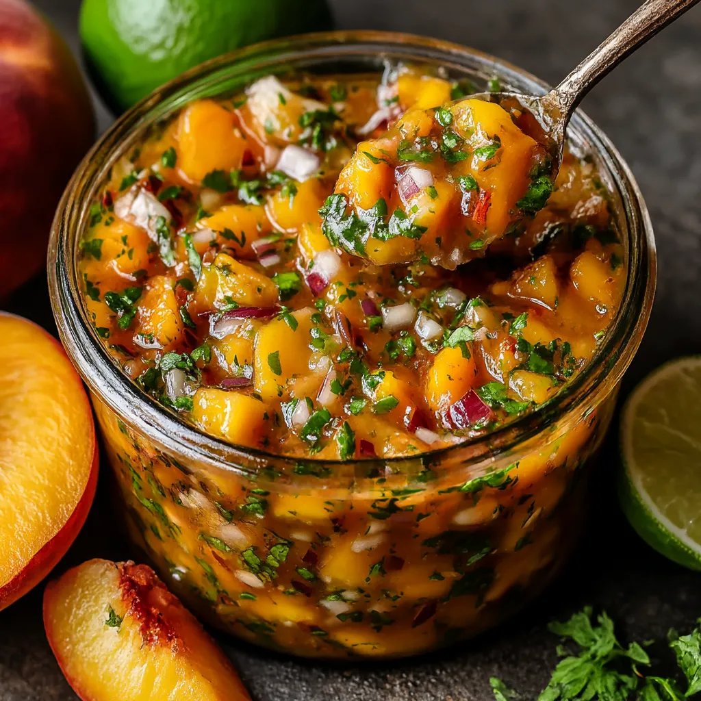 A jar of salsa with a spoon in it.