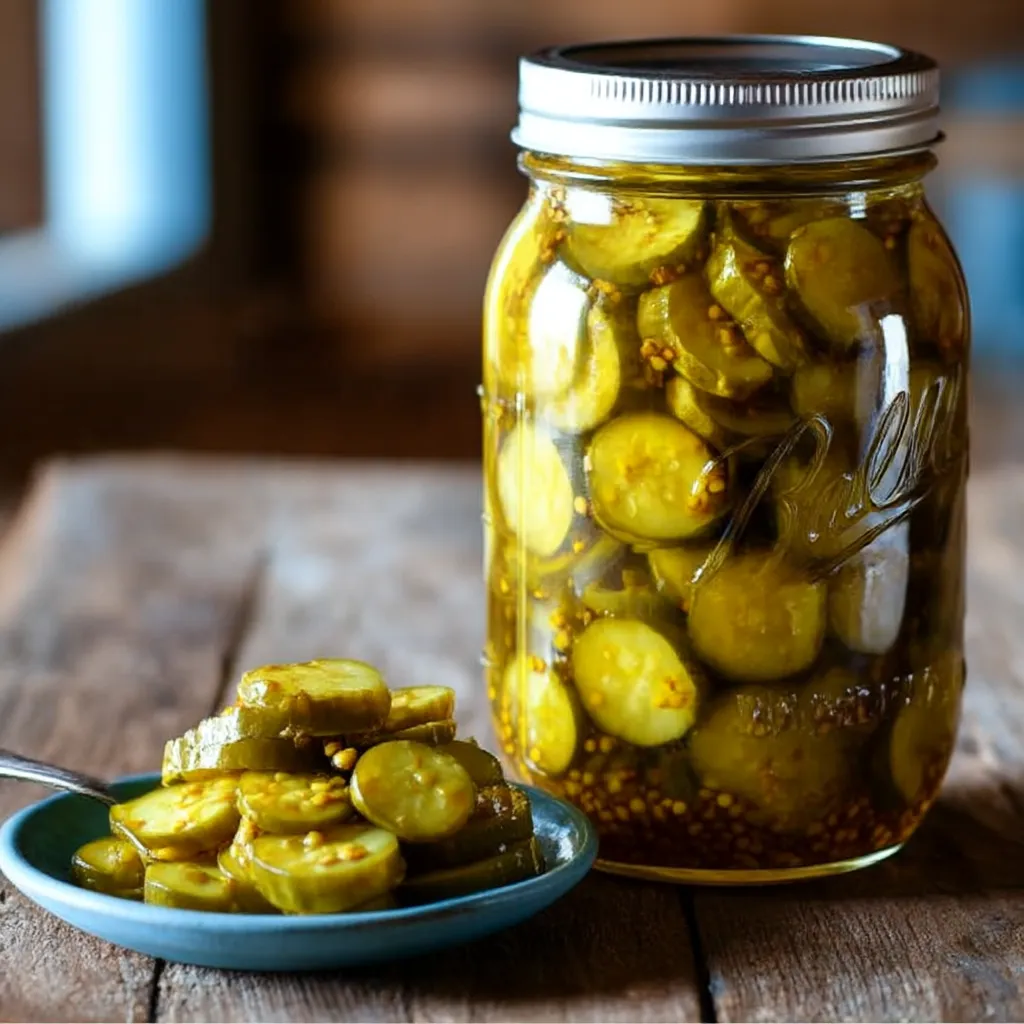 A jar of pickled cucumbers sits on a table next to a bowl of pickled cucumbers.