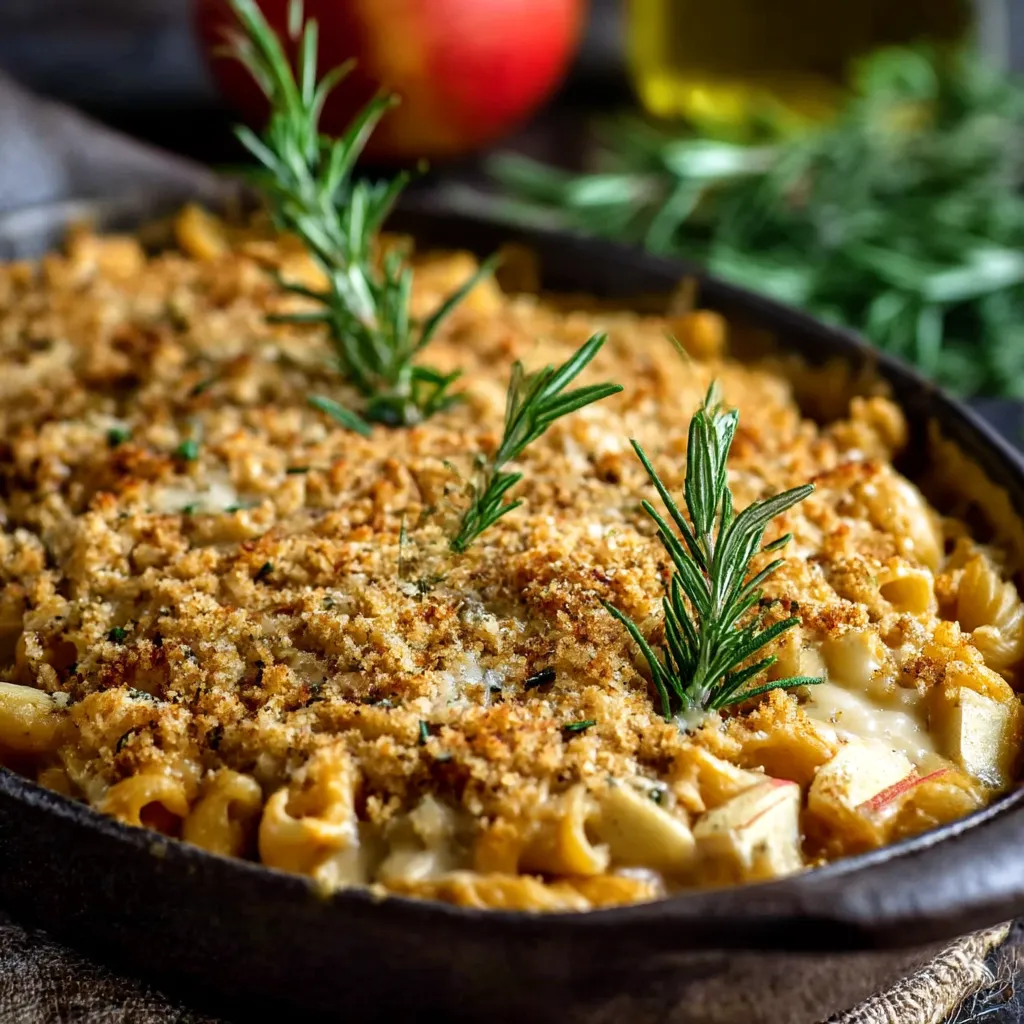 A pan of macaroni and cheese with herbs on top.