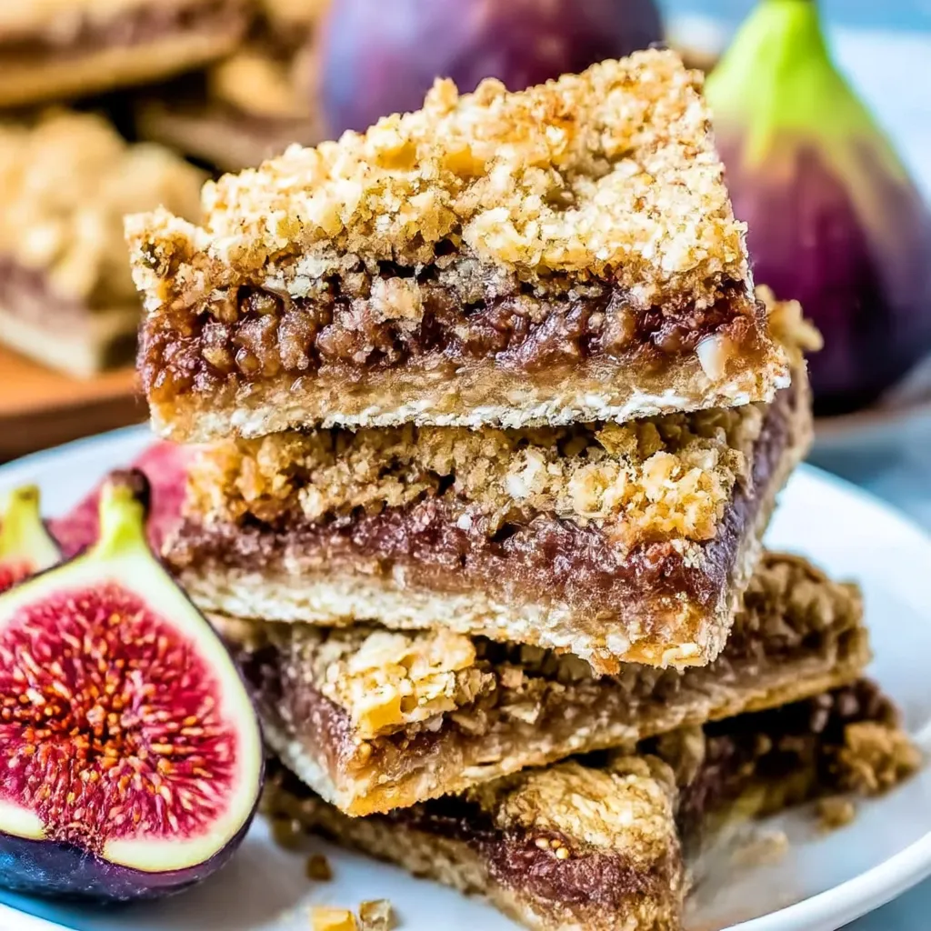 A stack of dessert bars with a fig on the side.
