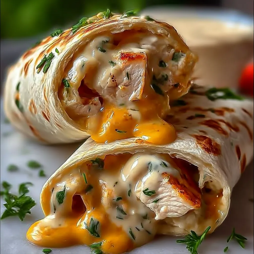 A burrito with cheese and chicken.