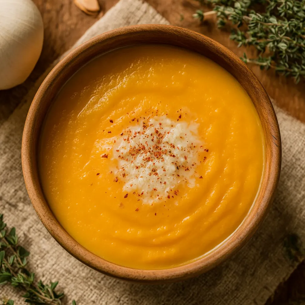A bowl of soup with a spoon in it.